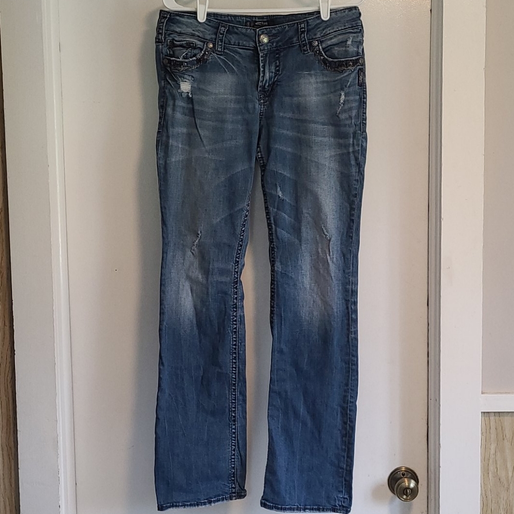 Silver, mid rise baby boot jeans